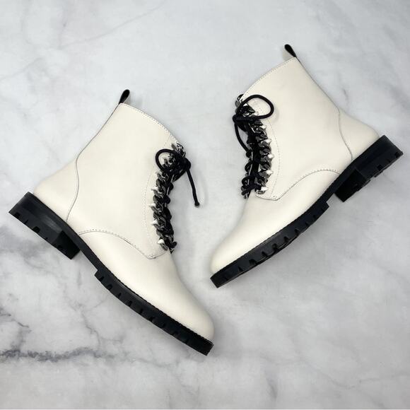 Rebecca Minkoff Janyi Chain Leather Platform Lace Up Ankle Bootie Boot White 8.5 - Picture 2 of 13